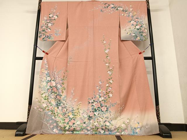 平和屋着物●訪問着　草花文　暈し染め　ロング丈　正絹　逸品　AAAY6477zg