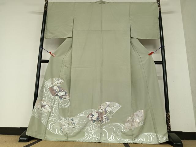 平和屋着物○色留訪問着 駒刺繍 流水舞扇飛鶴花文