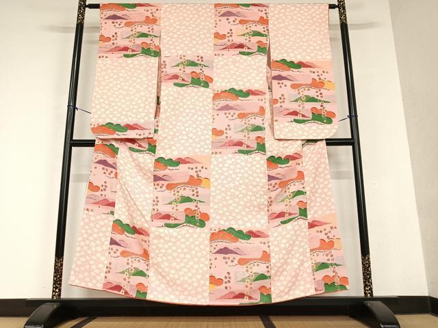 平和屋着物●小振袖　二尺袖　型染め　遠山重ね梅松文　正絹　逸品　AAAY6622zg