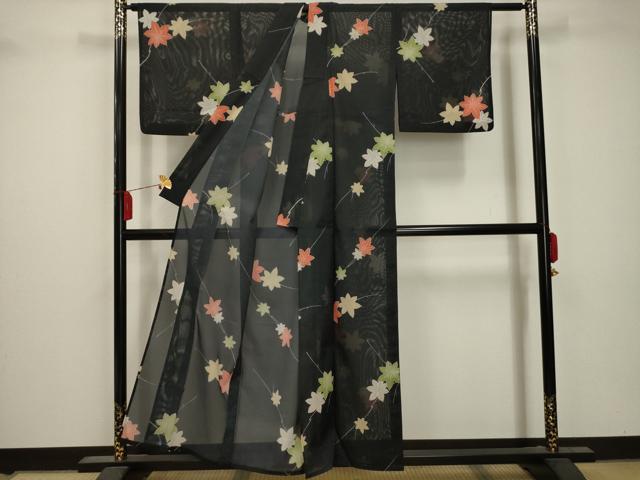 平和屋着物＊夏物 小紋 絽 枝葉文 黒地 洗える着物 CAAW3135ut