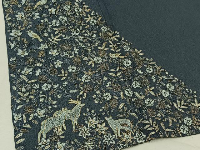 平和屋着物▽上質な小紋　単衣　総刺繍　花鳥文　梟　金糸　正絹　逸品　AABD6470jh 平和屋着物▽上質な小紋 単衣 総刺繍 花鳥文 梟 金糸 正絹