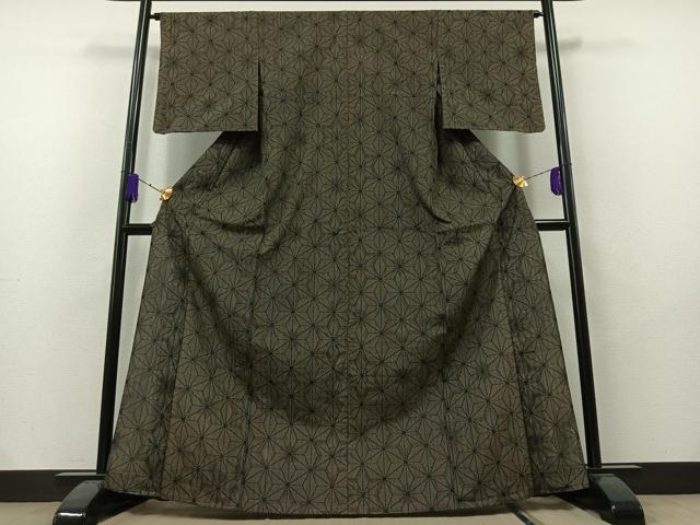 平和屋着物▽上質な紬　単衣　麻の葉文様　黒地　正絹　逸品　AAAY7268jh 平和屋着物▽上質な紬 単衣 麻の葉文様 黒地 正絹 逸品 AAAY7268jh