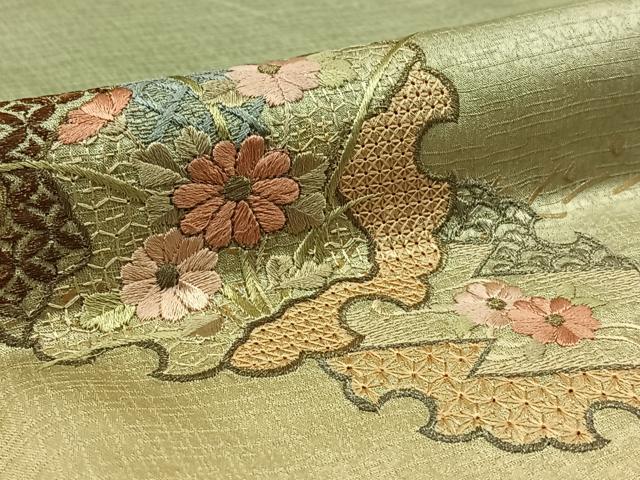 平和屋着物▽中国三大刺繍　相良刺繍　総刺繍　訪問着　単衣　洋花唐草文　暈し染め　金糸　正絹　逸品　未使用　DAAS0133az 平和屋着物▽中国三大刺繍 相良刺繍 総刺繍 訪問着 単衣