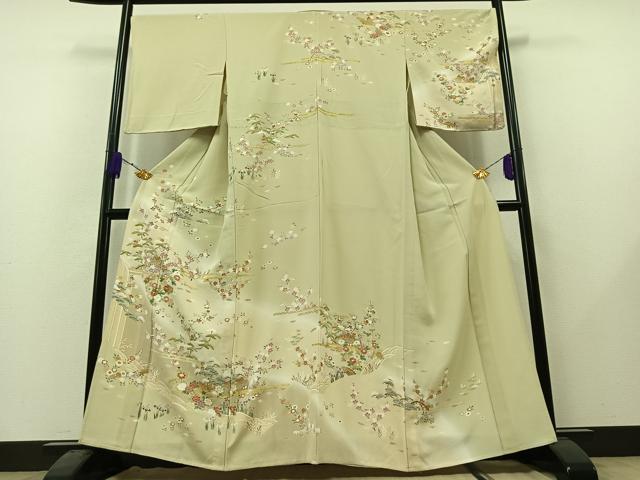 平和屋着物▽訪問着　単衣　刺繍　風景花文　暈し染め　金糸　正絹　逸品　AABB6652jh