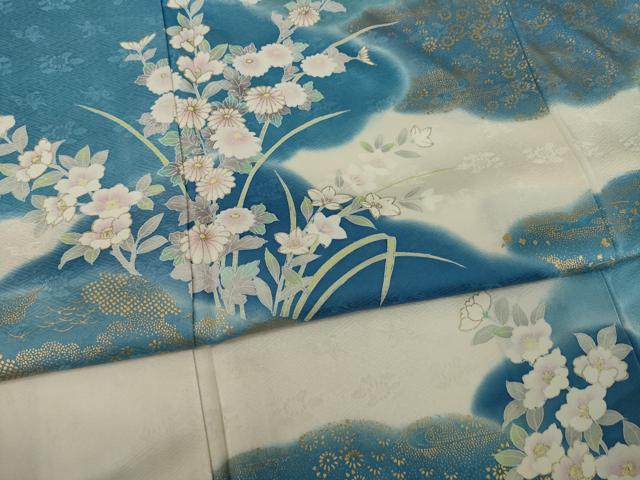 平和屋着物●訪問着　雲重ね草花文　暈し染め　金彩　正絹　逸品　AAAY7354ck 平和屋着物○訪問着 雲重ね草花文 暈し染め 金彩 正絹 逸品