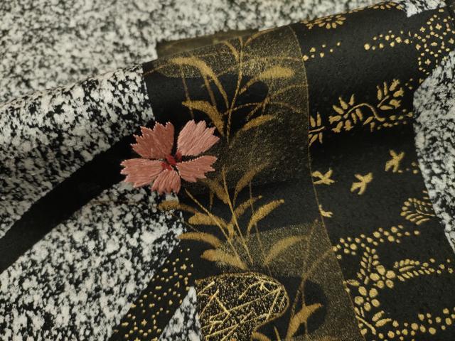 平和屋着物○訪問着 短冊芝花文 黒地 正絹 逸品 AAAY7400ck 付け下げ