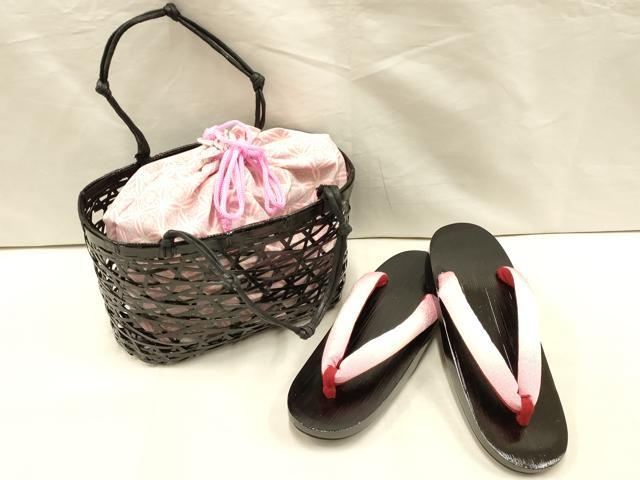 平和屋着物＊夏物　和装小物　籠巾着・下駄セット　浴衣　七宝　暈し　逸品　未使用　AAAY8177ay 平和屋着物＊夏物 和装小物 籠巾着・下駄セット 浴衣 七宝 暈し 逸品