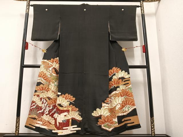平和屋着物●アンティーク　大正ロマン　黒留袖　駒刺繍　群れ鶴草花文　金彩　正絹　逸品　AAAY8923ph