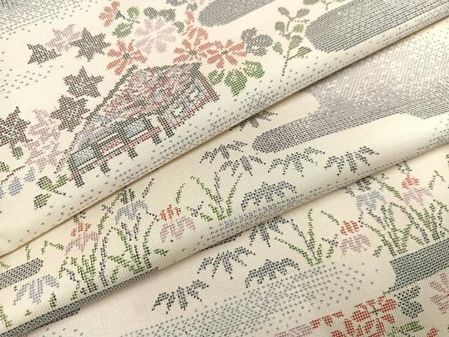 平和屋着物●本場大島紬　白大島　カタス9マルキ　エ霞風景草花文　正絹　逸品　AAAY8942ph