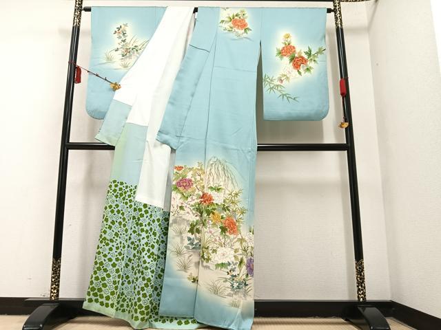 ★着物10★ 1円 逸品!! 絹 小紋 枝花 襦袢セット 袷 身丈165cm 裄68.5cm [同梱可] ☆☆☆☆☆ 夏着物小紋＊絽 芝文に竹梅模様 紺 普段着 正絹 カジュアル 7SA5