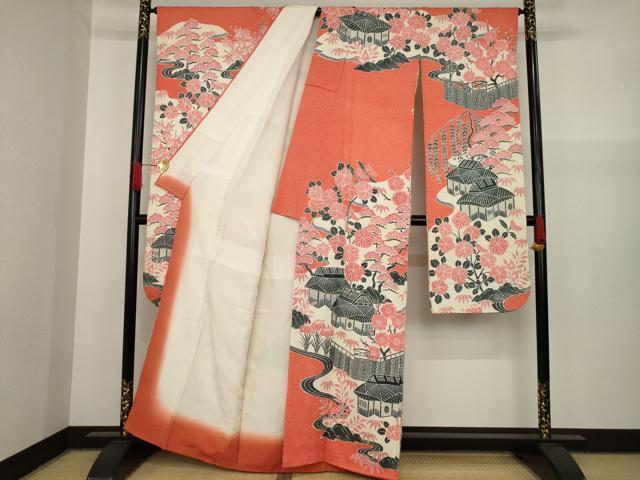 平和屋着物○豪華振袖 型染め 雲取り花鳥文 三越扱い 正絹 逸品