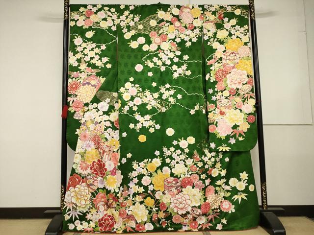 平和屋着物●豪華振袖　御所車花文　金糸　金彩　正絹　逸品　AAAY9012ck