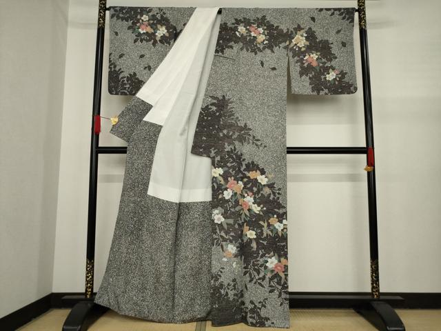 平和屋着物○訪問着 草花文 黒地 金彩 正絹 逸品 AAAY9024ck