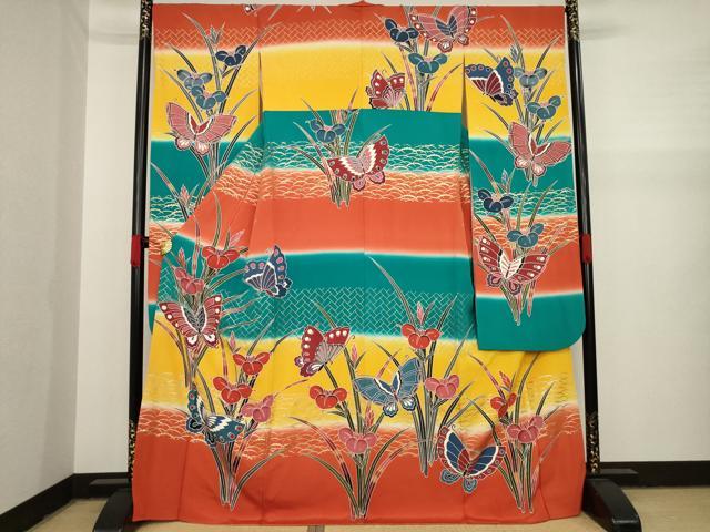 平和屋着物●豪華振袖　紅型　花蝶文　暈し染め　金彩　正絹　逸品　AAAY9026ck