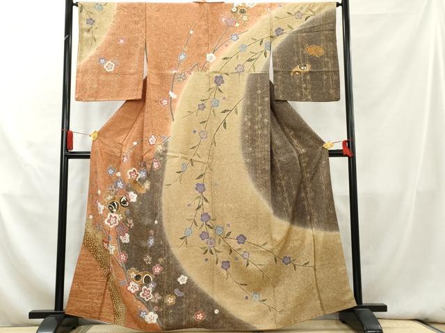平和屋着物▼訪問着　地紙花蝶文　暈し染め　金彩　正絹　逸品　AAAY9346cs