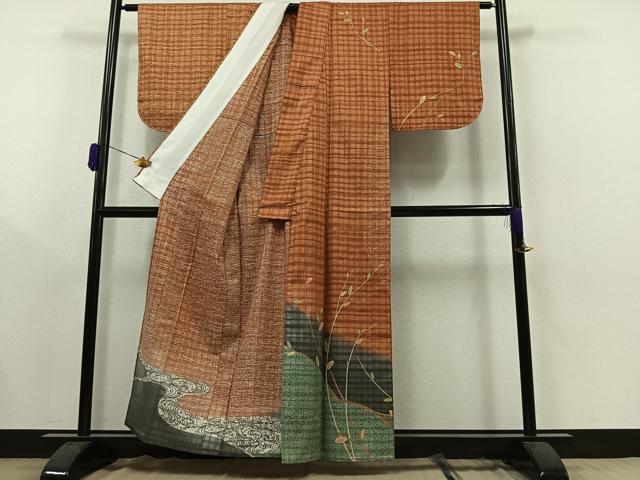 平和屋着物▽訪問着 単衣 紬地 流水枝葉文 暈し染め