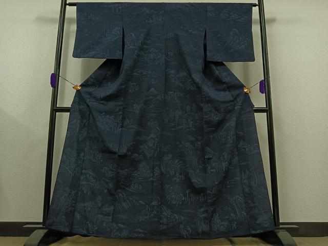 平和屋着物▽本塩沢　単衣　風景人物文　正絹　逸品　AAAY9431jh 平和屋着物▽本塩沢 単衣 風景人物文 正絹 逸品 AAAY9431jh