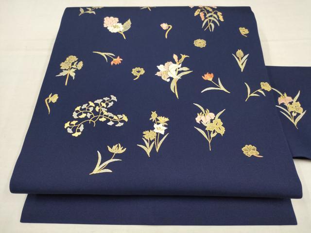 平和屋着物▼塩瀬　九寸名古屋帯　刺繍　草花文　金銀糸　正絹　逸品　AAAY9555wj