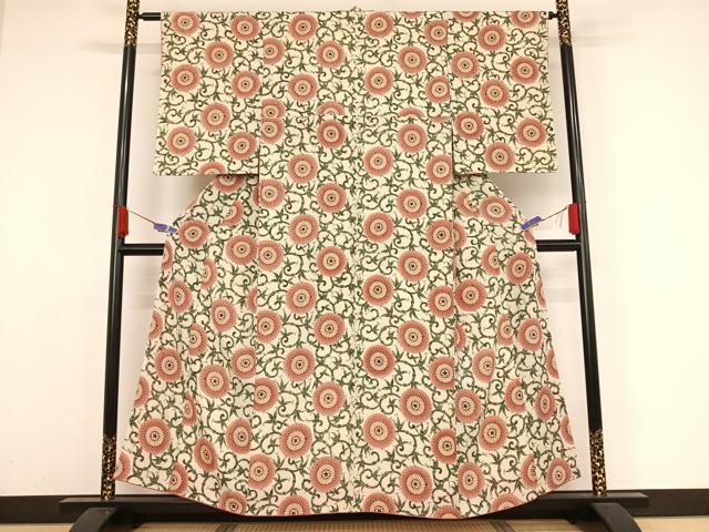 平和屋着物○上質な小紋 型染め 菊唐草文 大丸扱い 正絹 逸品