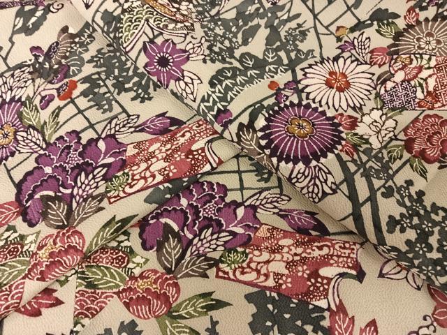 平和屋着物●上質な小紋　型染め　色紙草花文　鬼しぼ縮緬　正絹　逸品　AAAY9908np