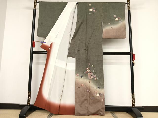 平和屋着物○訪問着 紬地 型染め 風景草花文 金彩 三越扱い