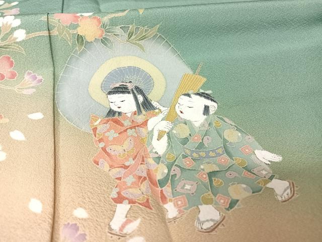 平和屋着物●訪問着　友禅　手描き　童子　番傘　暈し染め　正絹　逸品　AAAY9952np 平和屋着物○訪問着 友禅 手描き 童子 番傘 暈し染め 正絹 逸品 AAAY9952np