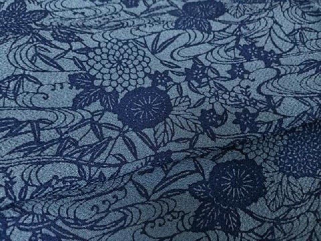 平和屋着物▽上質な小紋 単衣 本藍 型絵染 草花文