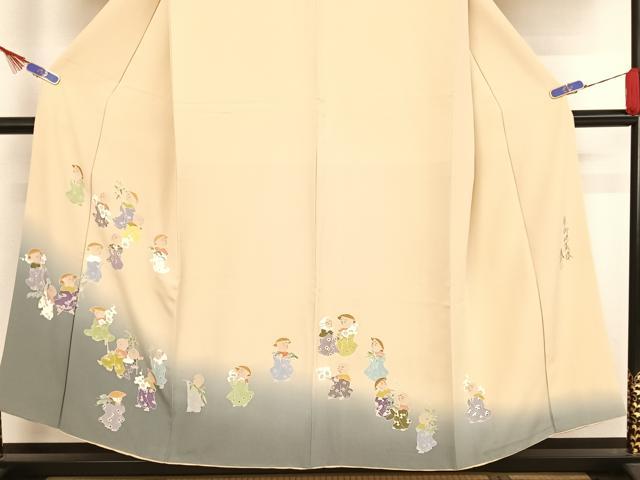 平和屋着物●染色作家　おだに武士　訪問着　手描き　童御地蔵様　松竹梅　暈し染め　正絹　逸品　AAAY9977np 平和屋着物○染色作家 おだに武士 訪問着 手描き 童御地蔵