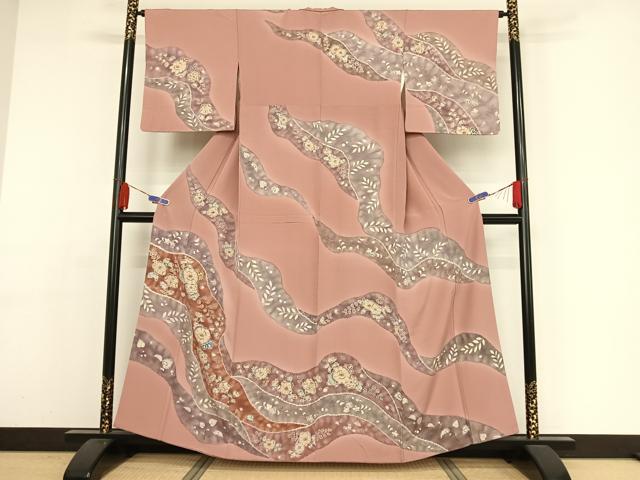 平和屋着物●訪問着　辻が花　桃色地　正絹　逸品　AAAY9984np