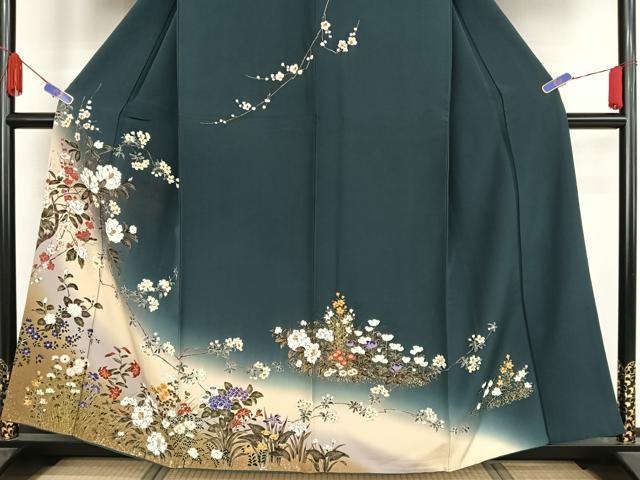 平和屋着物○訪問着 手描き 草花 褐返し色地 暈し染め 金銀