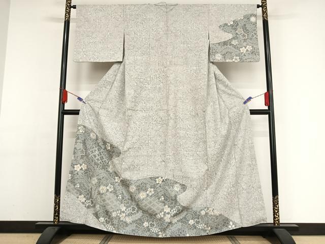 平和屋着物●訪問着　紬地　草花文　金彩　正絹　逸品　未使用　AAAY9993np