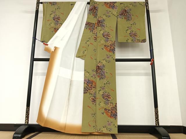 平和屋着物●上質な小紋　御所車檜扇花文　鬼しぼ縮緬　正絹　逸品　AAAZ0016zg 平和屋着物○上質な小紋 御所車檜扇花文 鬼しぼ縮緬 正絹