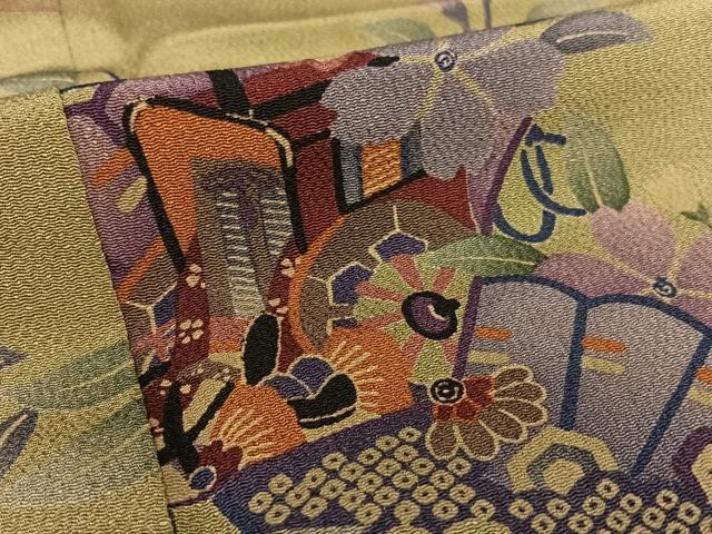 平和屋着物○上質な小紋 御所車檜扇花文 鬼しぼ縮緬 正絹