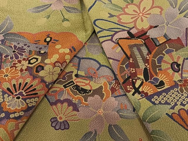 平和屋着物●上質な小紋　御所車檜扇花文　鬼しぼ縮緬　正絹　逸品　AAAZ0016zg