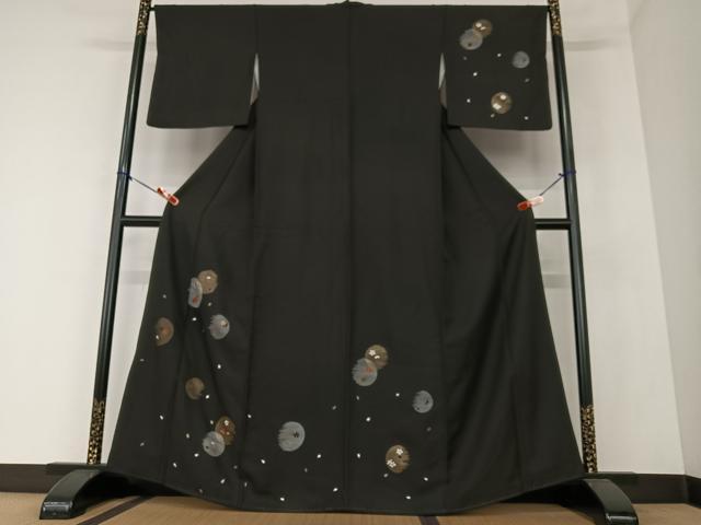 平和屋着物●訪問着　駒刺繍　夜桜　黒地　金彩　正絹　逸品　AAAZ0107zg