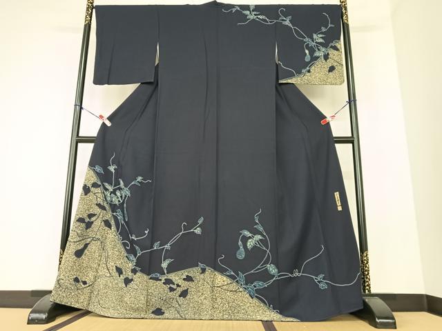 平和屋着物●藍染工房・こんや　全国阿波藍染染織作家協会会員　松本輝夫　訪問着　成り物　瓢箪　正絹　逸品　AAAZ0108zg