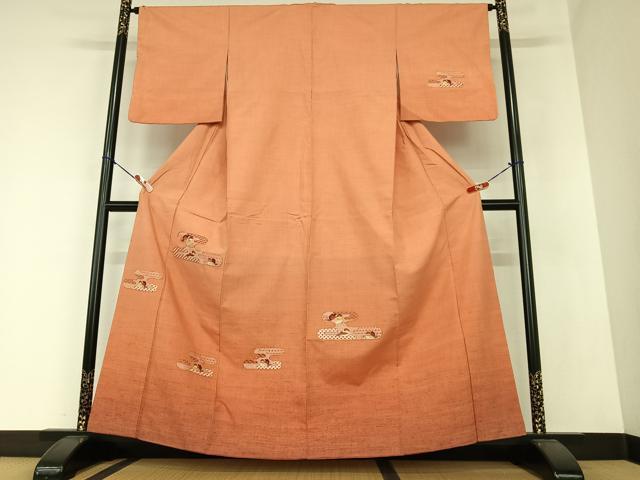 平和屋着物●紬　訪問着　駒刺繍　エ霞鴛鴦文　暈し染め　正絹　逸品　AAAZ0119zg