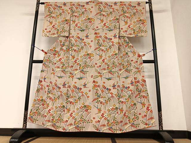 平和屋着物●紅型　小紋　花鳥文　鬼しぼ縮緬　正絹　逸品　AAAZ0194zg