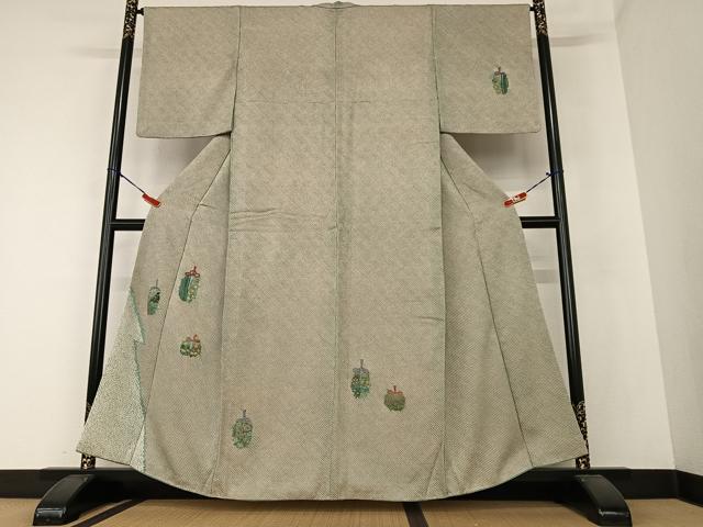 平和屋着物●訪問着　絞り　刺繍　仕覆草花文　正絹　逸品　AAAZ0223zg