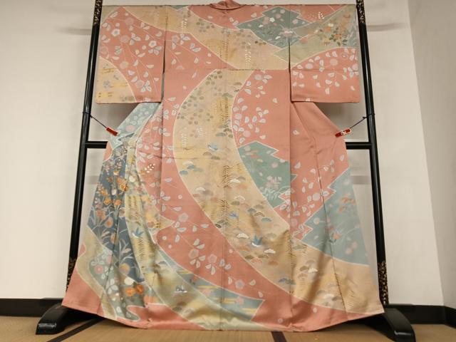 平和屋着物●訪問着　作家物　桃山　駒刺繍　花鳥文　暈し染め　金彩　正絹　逸品　AAAZ0264zg