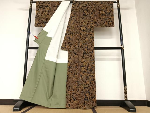 平和屋着物●上質な小紋　紬地　花唐草文　鹿　正絹　逸品　AAAZ0338zg 平和屋着物○上質な小紋 紬地 花唐草文 鹿 正絹 逸品 AAAZ0338zg