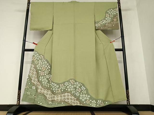 平和屋着物●訪問着　絞り　流水舞花文　正絹　逸品　AAAZ0341zg