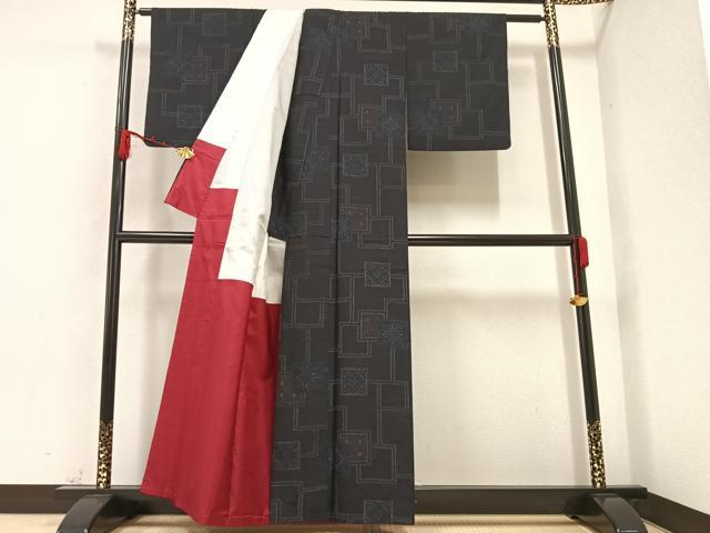 平和屋着物○結城紬 幾何学文様 正絹 逸品 AAAZ0576ph