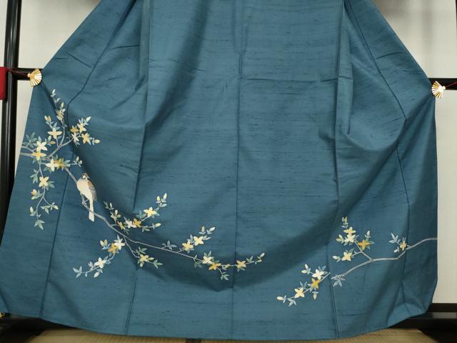 平和屋着物○訪問着 友禅 紬地 枝花に休み鳥 正絹 逸品