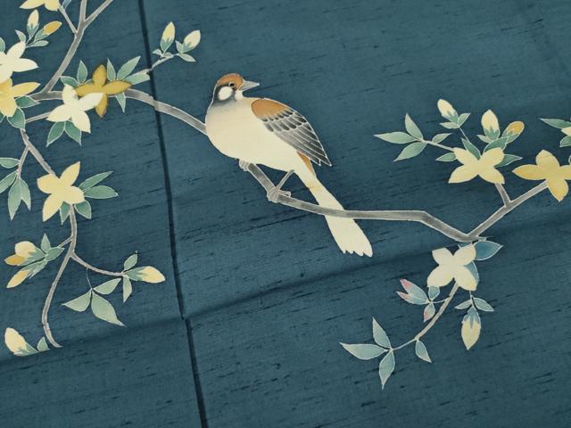 平和屋着物○訪問着 友禅 紬地 枝に休み鳥 正絹 逸品 AABA4656ck