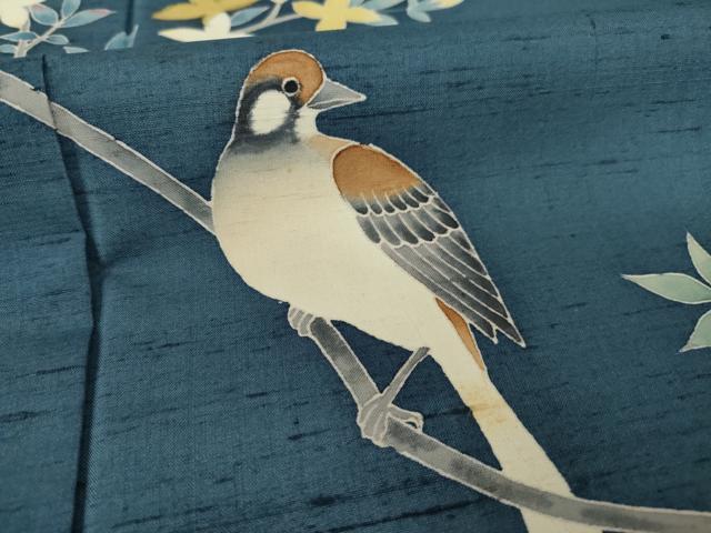 平和屋着物○訪問着 友禅 紬地 枝に休み鳥 正絹 逸品 AABA4656ck