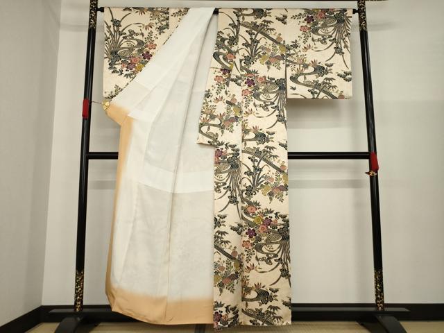 平和屋着物○上質な小紋 型染め 鶴丸文 菊草花 鬼しぼ縮緬