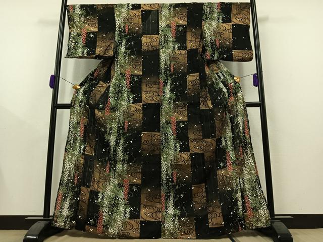 平和屋着物∴夏物 浴衣・小紋兼用 流水藤文 黒地 金彩 綿 AAAZ0681jh 小紋