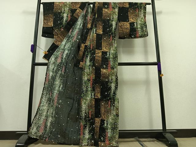 平和屋着物∴夏物　浴衣・小紋兼用　流水藤文　黒地　金彩　綿　AAAZ0681jh_2