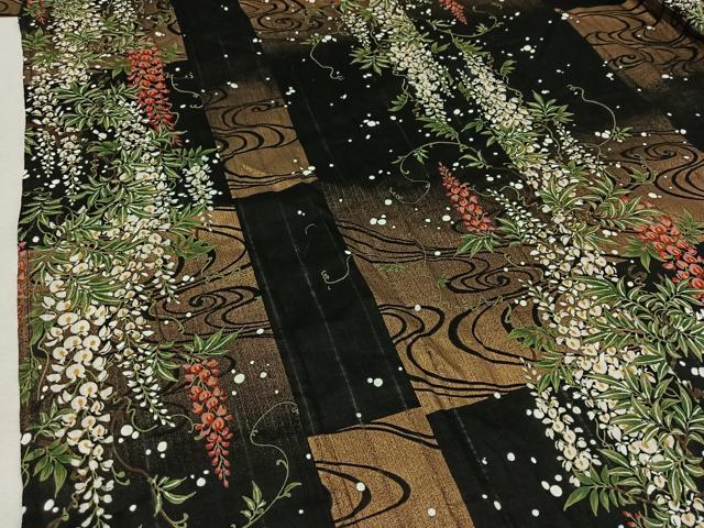 平和屋着物∴夏物　浴衣・小紋兼用　流水藤文　黒地　金彩　綿　AAAZ0681jh_3
